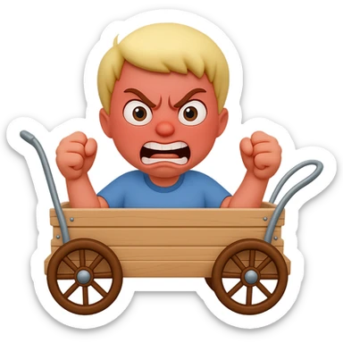 Make the silly character riding the wagon look angrier with an exaggerated angry face and clenched fists, but keep it funny. Preserve transparent background. sticker