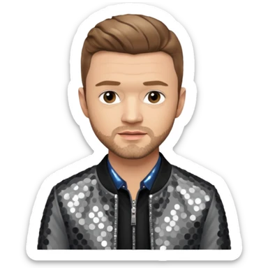 Justin Timberlake with gray sequin jacket, black shirt , light brown hair, light skin sticker