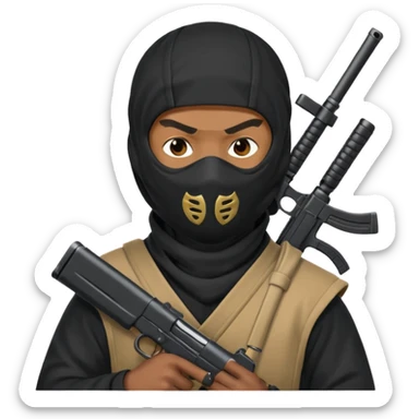 A black male in a ninja mask with a gun sticker