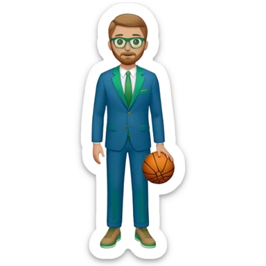 full body White male basketball coach light brown/ blond hair, short beard, green/blue eyes wearing glasses and blue and green suit sticker