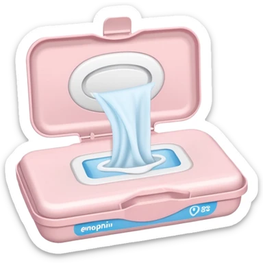 soft pastel pink rectangular pack of baby wipes, slightly puffed, semi-open plastic lid, one white wipe pulled out, no branding or extra design, soft lighting, subtle shadows, emoji scale sticker
