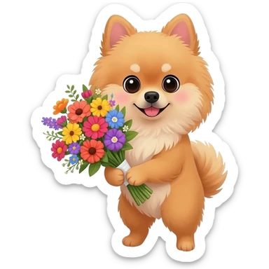 Pomeranian puppy holding flowers sticker