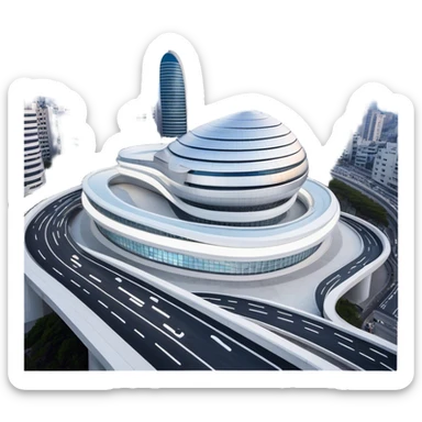Realistic Dongdaemun Design Plaza (DDP) Landmark Emoji, featuring the iconic curving silver structure with futuristic architecture, illuminated pathways, and a sleek modern design set against the Seoul cityscape. sticker