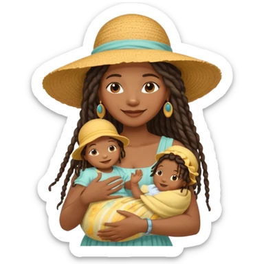 A black mom with long dread lock hair in a sunhat holding her baby gently, wearing a sun-dress while smiling softly. sticker