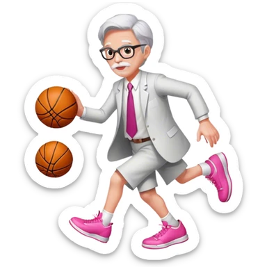 Dressed as a professor. Playing basketball. Only one basketball in picture. Dribbling the basketball. Pink shoes. sticker