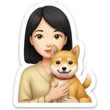  A Chinese balck hair girl holding a Shiba inu dog and a yellow dog sticker