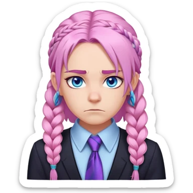 Long-pale-pastel-pink-hair with one braid on each side, grumpy expression, purple-pink feather-ear-cuffs in hair, black bodysuit, blue eyes, pink iris, blue tie sticker