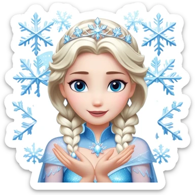 Cinematic Elegant Elsa Portrait Emoji, Standing gracefully with snowflakes forming in her hands, a soft yet confident smile, frosty shimmer surrounding her, a queen in perfect icy splendor! sticker