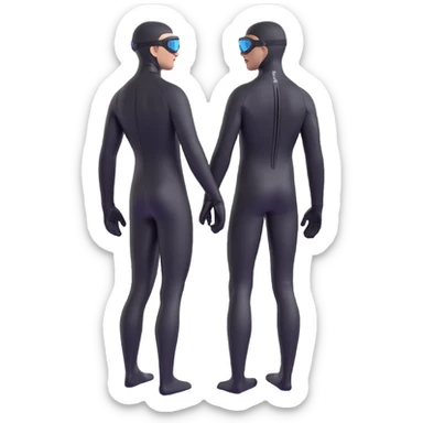 3D emoji style freediver, back view, in a black wetsuit and gear, descending with arms streamlined, long black fins, gloves, and goggles, no face details, five fingers visible, black or deep sea background sticker