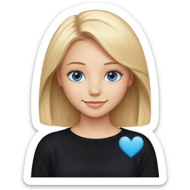 a new character a girl with shoulder length blonde hair wearing black clothes and wearing a cheeky smile she has blue eyes her black sweater has an emo style badge remove the badge and instead add the words special sticker