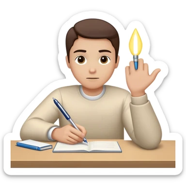 The present self sits at a desk, hesitating, while a glowing hand—representing the future self—rests reassuringly on their shoulder. In the other hand, the future self holds out a pen, gently encouraging action, symbolizing the power of starting despite doubt. sticker