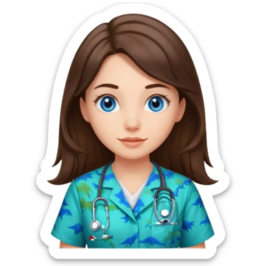 pretty brunette nurse with long hair and blue eyes in dinosaur pattern scrubs sticker