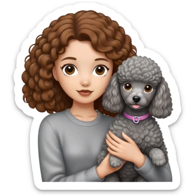 A girl with caramel brown hair holding a grey poodle sticker