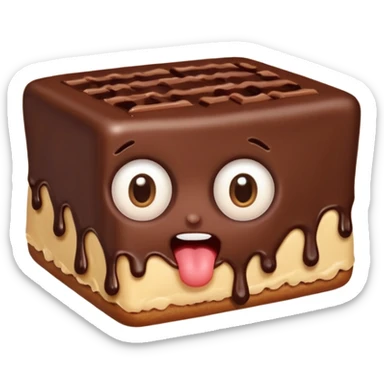 Funny cartoon rectangular chocolate mini pastry, slightly messy and squished, chocolate dripping, big round eyes, wide open mouth, playful surprised expression, text above: "ПАСТИЧКА", chibi style, Twitch emoji style, transparent background, colorful
``


 sticker