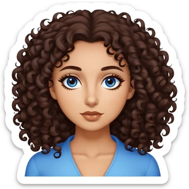This woman has a confident and expressive look, with voluminous, naturally curly dark brown hair that frames her face. Her large, deep brown eyes are accentuated by subtle blue eyeliner, adding a touch of vibrancy to her gaze. Her eyebrows are well-shaped and slightly arched, complementing her facial features. She has warm, slightly tanned skin, full cheeks, and a soft yet defined jawline. Her lips are full with a natural pink hue, slightly pursed as if in a playful or thoughtful expression. sticker
