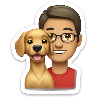 A Asian guy with black hair and brown eyes and black glasses wearing a red shirt holding a golden retriever dog sticker