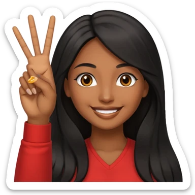 pretty brown skin woman with long black hair and brown eyes holding up the peace sign sticker