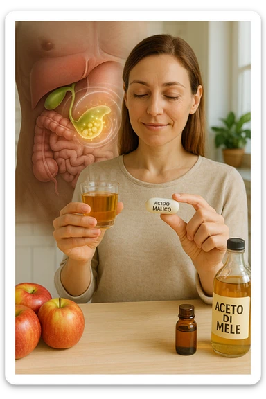 A detailed, realistic illustration or photo-style image showing a person holding a small glass of apple cider vinegar in one hand and a capsule labeled ‘Acido Malico’ in the other. In the foreground or as an overlay, a semi-transparent anatomical view of the abdomen highlights the gallbladder with visible small gallstones inside. Around the gallstones, gentle glowing waves or soft dissolving effects symbolize the softening or breakdown of the stones due to the natural acids. The person looks hopeful and calm, in a bright kitchen setting with fresh apples and natural health products on the counter. The overall mood is informative, natural, and hopeful about non-invasive, natural support for gallstone health in italiano sticker