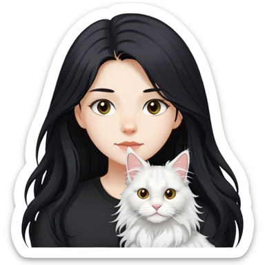 a  girl with black long hair with a white Maine coon with black shirt sticker