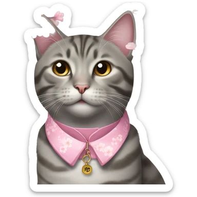 Grey tabby cat wearing a pink collar with one cherry blossom hanging from t sticker