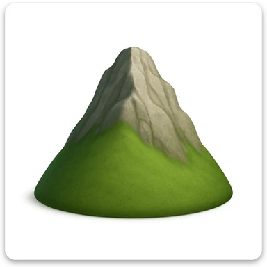 A 3D emoji in iOS emoji aesthetic style of a tall hill with a grassy green base and rocky upper peak, visible stone textures and uneven slopes, the top part made of rough gray rocks while the lower part is covered in lush green grass, sunlight creating soft shadows, realistic yet minimal Apple-style design, clean white background.
 sticker