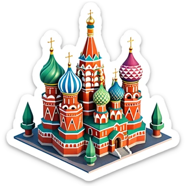 Isometric illustration of photorealistic Saint Basil's Cathedral with colorful onion domes, highly detailed in semi-realistic style, sharp outlines, subtle surface textures, balanced between stylized and realistic, 3D miniature effect with a slight hand-painted touch, no cartoonish look. sticker