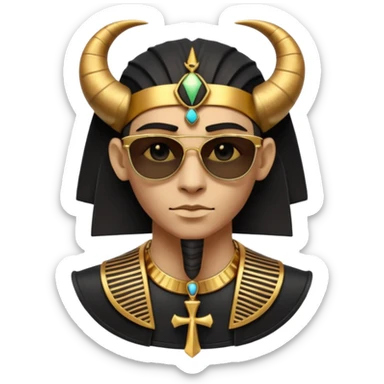 3D cartoon horned character portrait, wearing sunglasses, gothic ancient Egyptian style, pharaoh collar, dark gold and black outfit, ankh symbols, Egyptian jewelry, mysterious expression, soft dramatic lighting, centered, clean background, no text, no watermark sticker