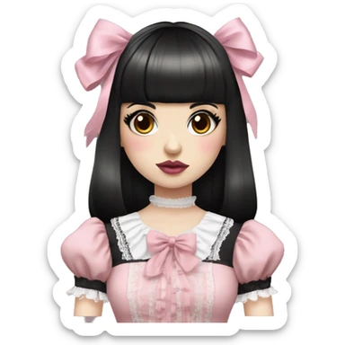 pale woman with short black hair and bangs, pink lips and eyeshadow, long eyelashes, brown eyes, pink Lolita dress with laces and ribbons, gothic Lolita doll look sticker