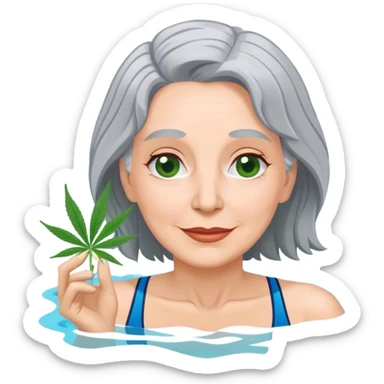 Middle aged, gray haired woman in a swimming pool with marijuna sticker