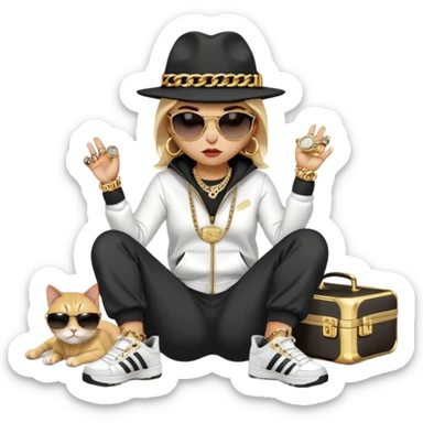 female cat dressed like Run DMC in tracksuit, fedora, Adidas shoes, dark sunglasses, lots of gold chains, rings, bracelets, earrings, lying on the ground after falling, worried look sticker