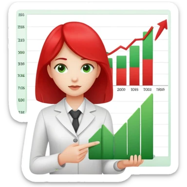 Girl showing financial reports, positive green ascending chart in one hand and negative red descending chart in other hand sticker