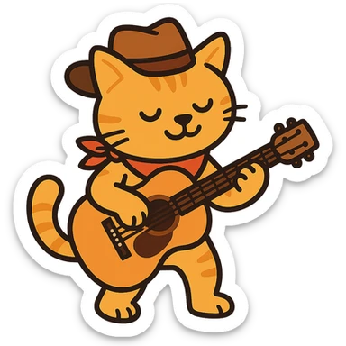 flat toon orange cowboy cat strumming an acoustic guitar sticker