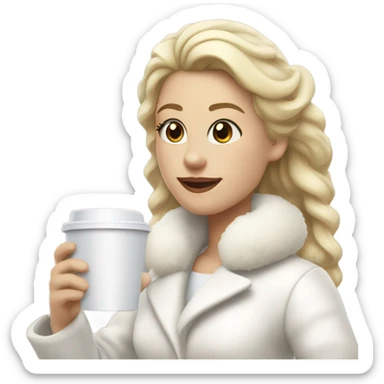blonde girl wearing white fluffy jacket and a coffee to go in hand all dress white and a white bow on hair sticker