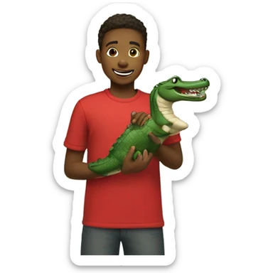 boy in red shirt outdoors holding alligator sticker