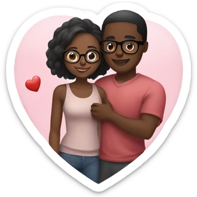 Cute black couple in love hugging , the girl has glasses , the man has a darker skin tone than the girl, hearts float around them  sticker