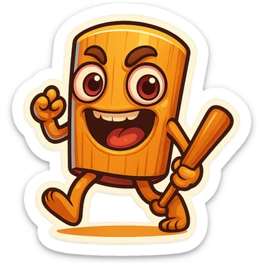  image of absurd wooden stick-man creature, drum-like cylindrical body, holding baseball bat, cartoon style, bright vivid colors, expressive face, dynamic pose, a bit creepy yet funny,  sticker