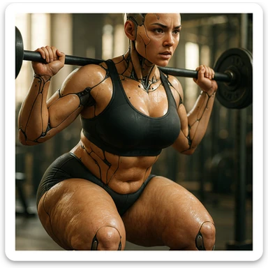 hyper realistic 4K gynoid woman training, fat on legs and thighs, muscular details, motivational atmosphere sticker