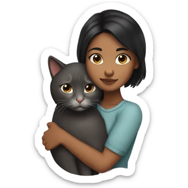 brownskin girl with black hair cuddling her gray cat sticker