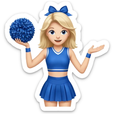 football cheerleader, holding big cheering pom, blue dress and red skin sticker