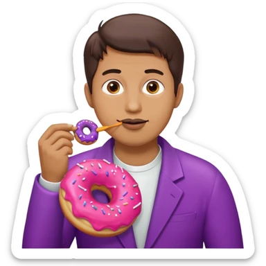 A man eating a pink donut and an eggplant covered in white sauce sticker