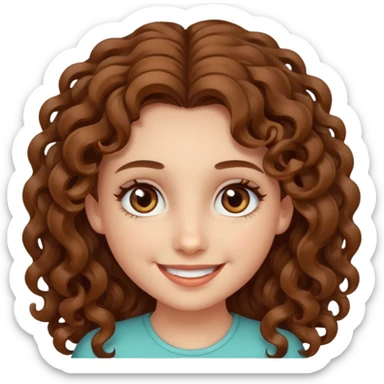 A girl with long curly brown hair, fair skin and beautiful hazel eyes, smiling.  sticker