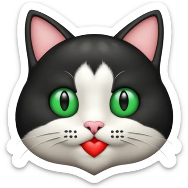 Emoji de un gato blanco y negro con ojos verdes, mandando un beso de corazón  sticker