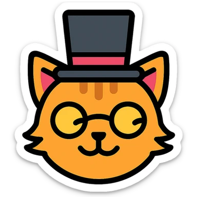 cat with a gibus hat and half moon glasses, clean vector icon style, simple and clear lines sticker