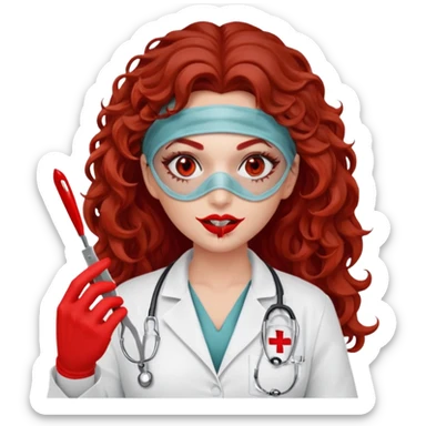 Scary woman scalpel in hand, evil surgeon sexy surgeon clothes.  She has red eyes. Her  brown long curly hair. Wears sexy doctor outfit with red gloves. make her hair free and brown but have mouthy  wear  mask  to hide. Wears white surgeon jacket and  face under a veil sticker