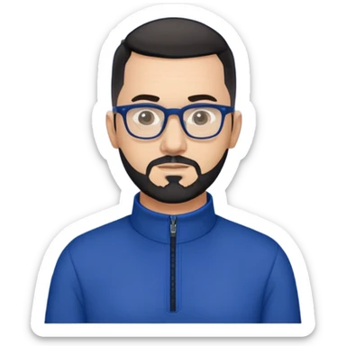 Light-skinned 40-year-old male with buzzcut black hair, gray short beard, black-framed glasses, navy blue zip-collar sports long sleeve shirt sticker