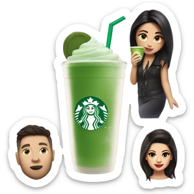 A matcha Drink with ice cubes in a starbucks cup, while selena gomez is holding it sticker