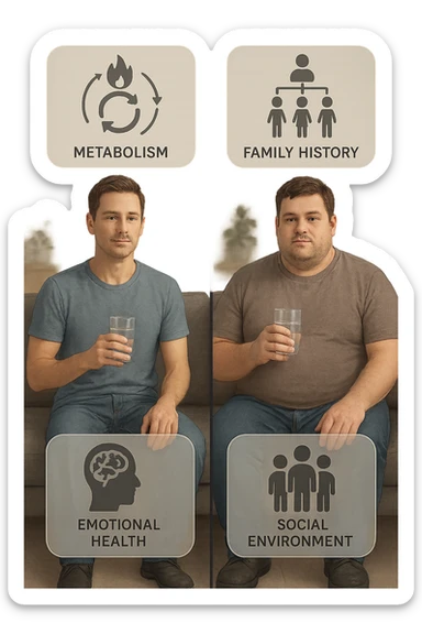 a split illustration showing two individuals with similar lifestyles but different body types. Around them, transparent overlays display factors such as metabolism, family history, emotional health, and social environment, highlighting the complexity behind body weight differences. The background is neutral and modern. realistica sticker