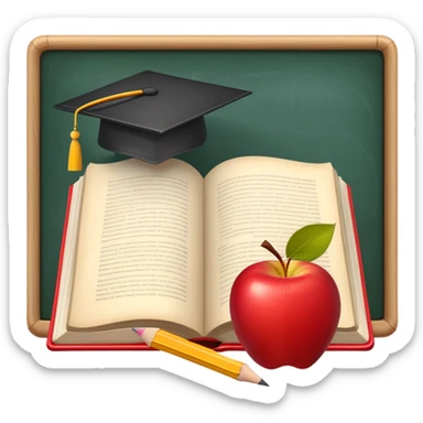 An icon featuring an open book, a pencil, and an apple, symbolizing education and pedagogy. The design includes a chalkboard with a lesson plan and a graduation cap, representing teaching and learning. Transparent background highlights the nurturing of knowledge and growth. sticker