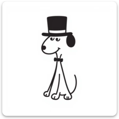 a stick-figure dog inspired by Tom Watson's Stick Dog, with a top hat sticker