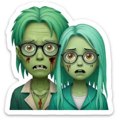 green-skinned, zombie with glasses, a girl with ombre black & teal long dreadlocks and a worried expression with a small wound near its mouth. sticker